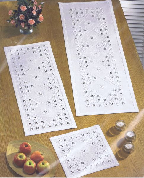 White Hardanger Table Mats with Snowflake Centres