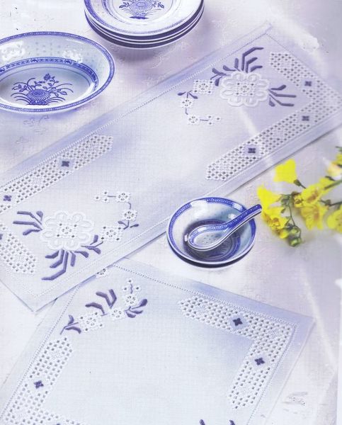 White Flowers on Blue Hardanger Table Mats