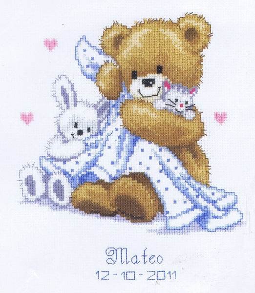 Teddy, Bunny and Kitty Birth Sampler