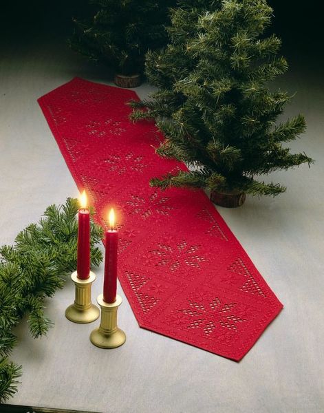 Red Hardanger Table Runner with Snowflakes