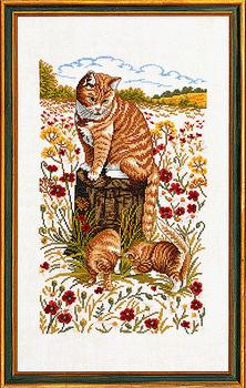 Cat and Kittens in a poppy field