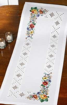 Long White Table Runner with Flowers - click for larger image