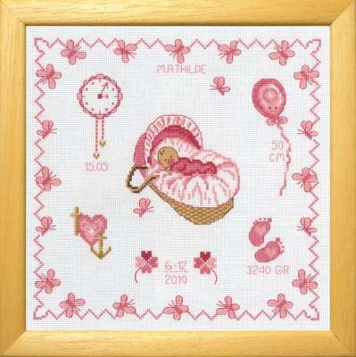 Baby Girl in Basket Birth Sampler