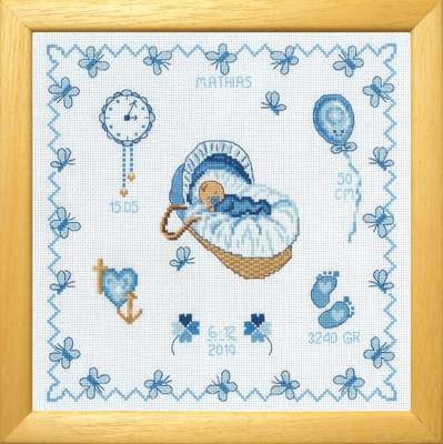 Baby Boy in Basket Birth Sampler - click for larger image