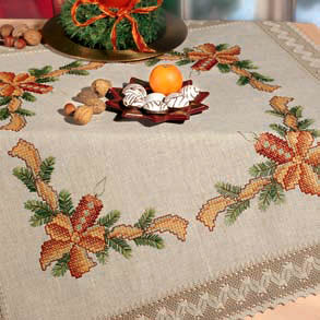 Candle with bow table cover  - Cross stitch