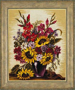 Arrangement of gladioli and sunflowers