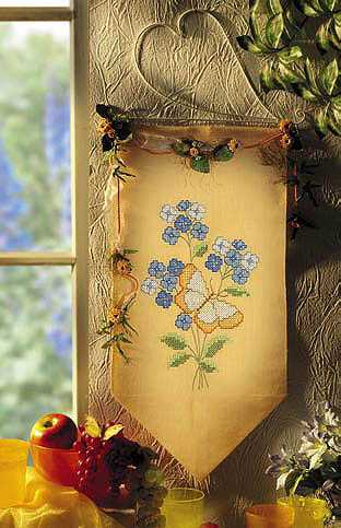 Blue flowers and butterfly wall hanging - Cross stitch