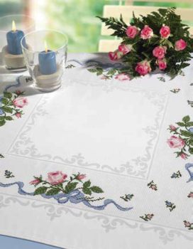 pink roses and blue ribbon table cover